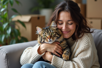 Femme avec chat dans son appartement moderne et cosy