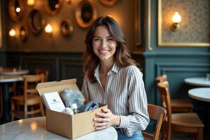 Femme souriante déballant une box lifestyle à Paris