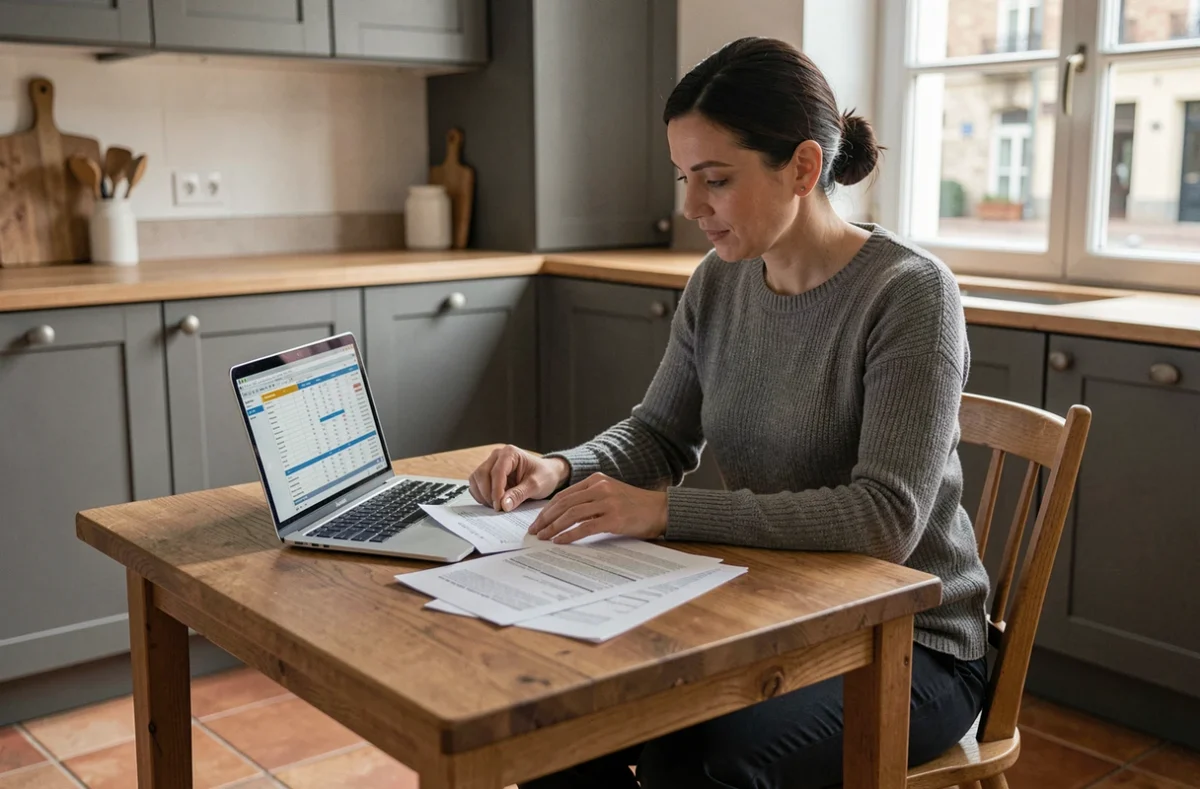 Femme consultant des fiches techniques pour calculer la puissance idéale d'une pompe à chaleur avant son achat