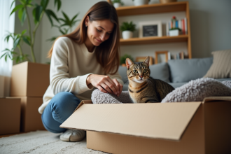 Jeune femme plaçant un lit pour chat dans une boîte de déménagement