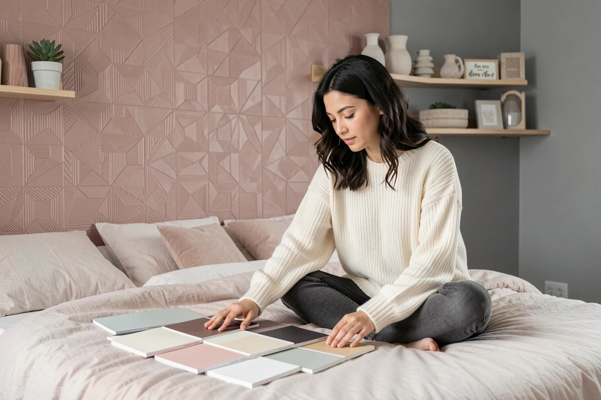 Femme choisissant des échantillons de papier peint pour chambre adulte cocooning aux tons blush et gris