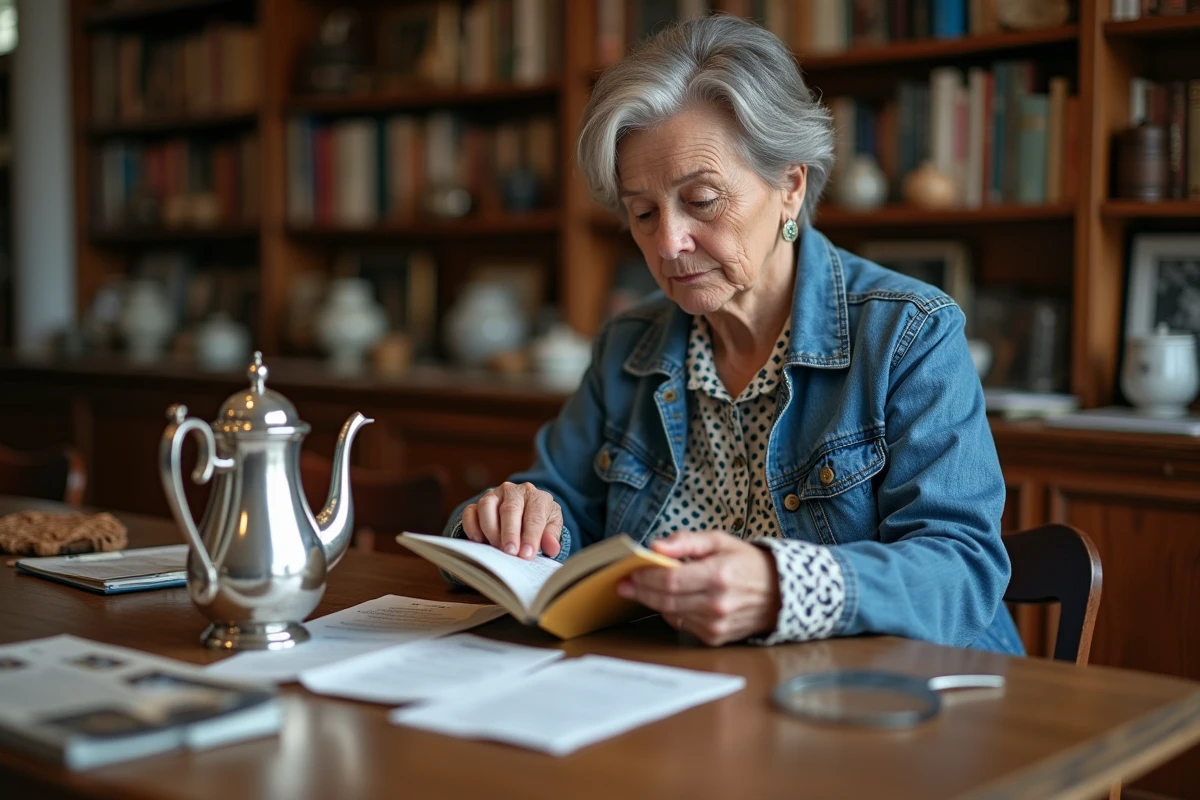 Femme examinant une th&eacute;i&egrave;re en argent dans une boutique d