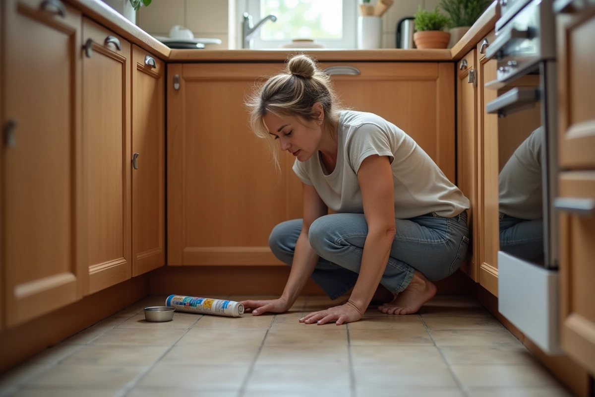Femme inspectant et colmatant les fissures dans une cuisine pour limiter l'entrée des iules