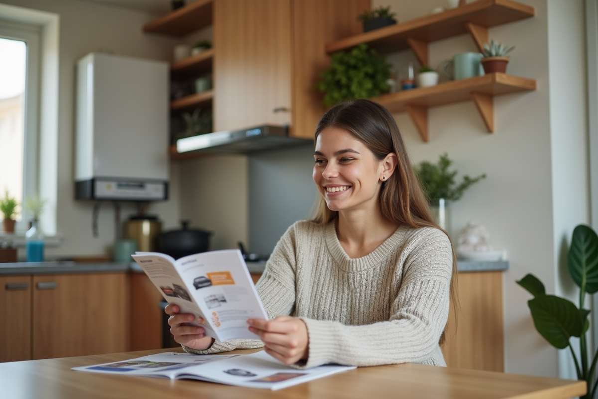Jeune femme regardant des brochures de chaudières gaz dans la cuisine