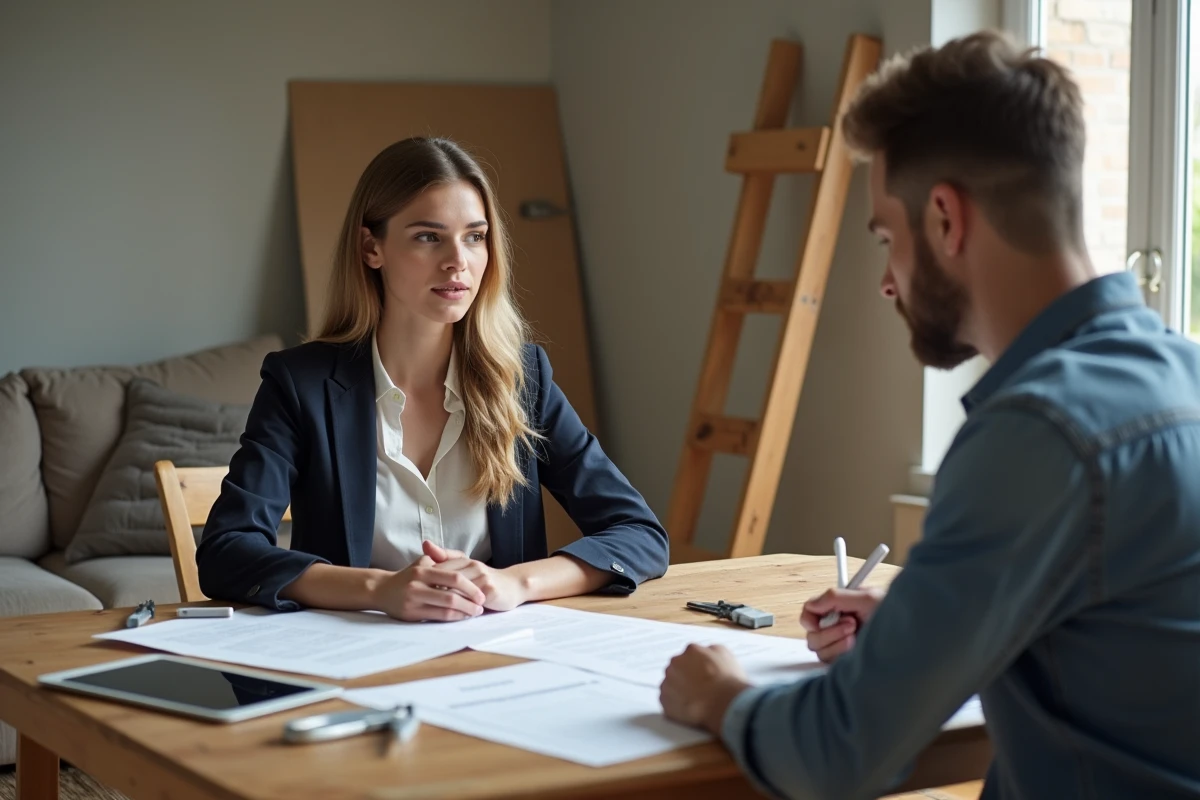 Jeune femme examinant des contrats de rénovation avec un entrepreneur