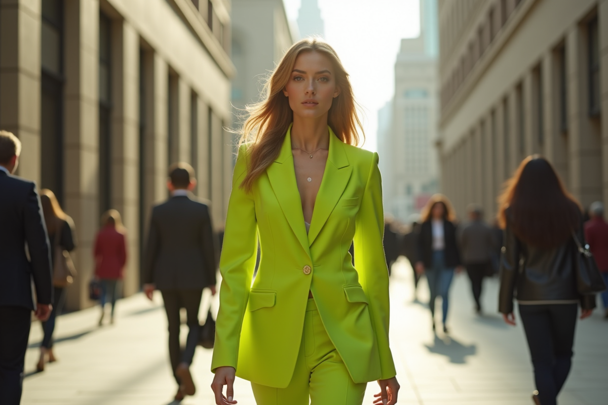 Jeune femme en costume vert lime dans la ville moderne