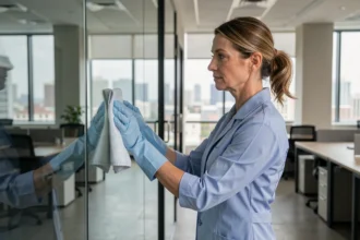 Femme de ménage en uniforme bleu nettoyant une surface vitrée dans un bureau moderne