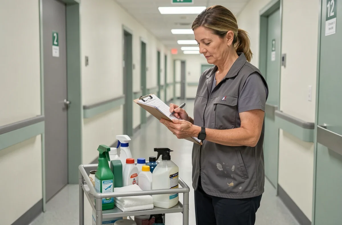 Femme de ménage organisant son chariot de nettoyage dans un couloir d'hôpital avec une fiche de contrôle