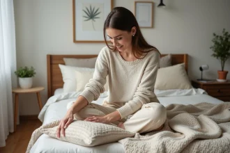 Jeune femme arrangeant des coussins dans une chambre cosy