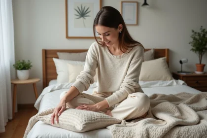 Jeune femme arrangeant des coussins dans une chambre cosy
