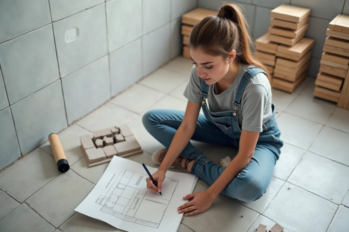Jeune femme dessinant un plan de carrelage au sol