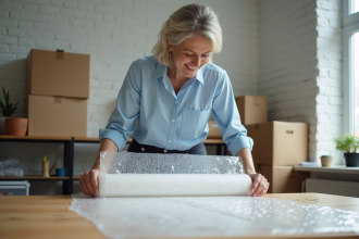 Femme en blouse bleue déroulant du papier bulle sur un bureau