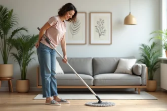 Femme souriante utilisant un balai ergonomique dans un salon moderne