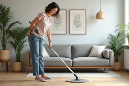 Femme souriante utilisant un balai ergonomique dans un salon moderne