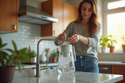 Femme versant de l'eau dans une carafe avec filtre à la maison