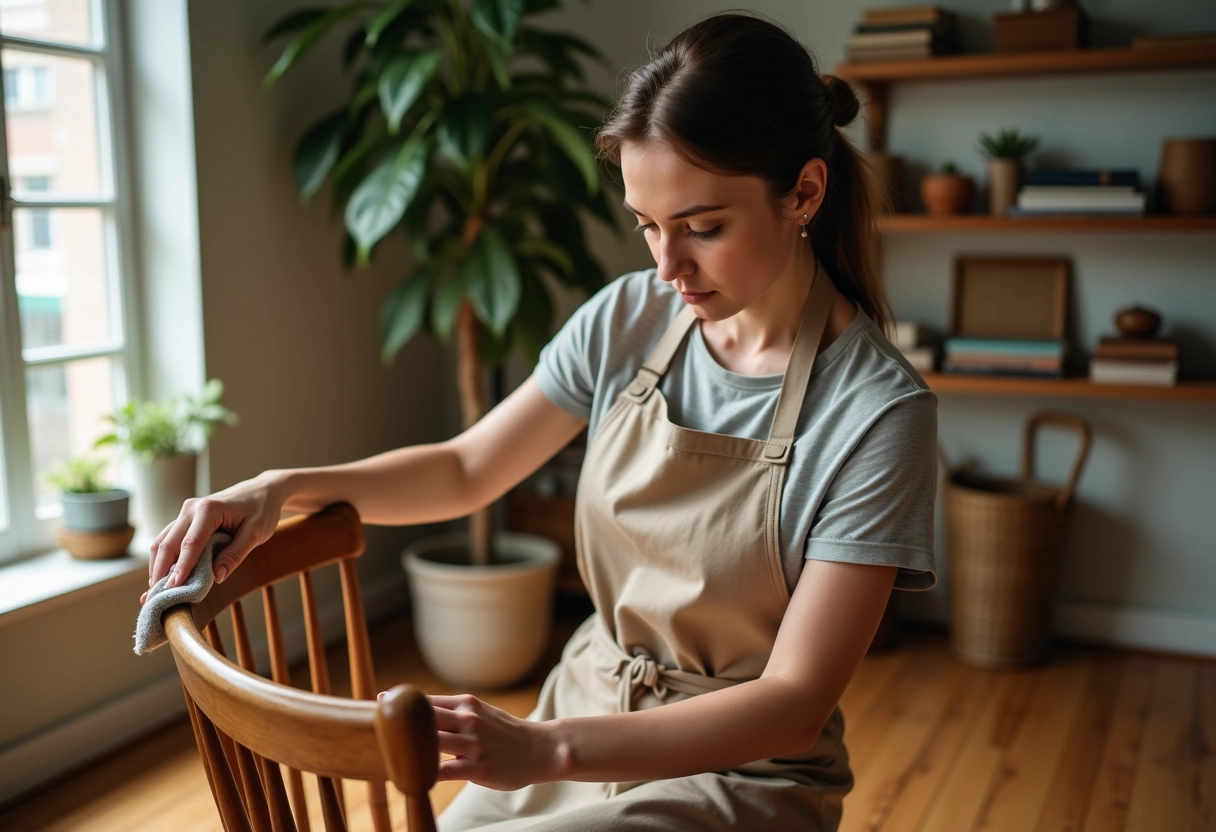 Femme huilant une chaise en bois dans un salon lumineux