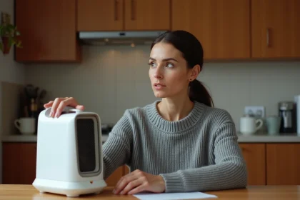 Femme inspectant un petit chauffage électrique portable à la maison avant achat, expression dubitative