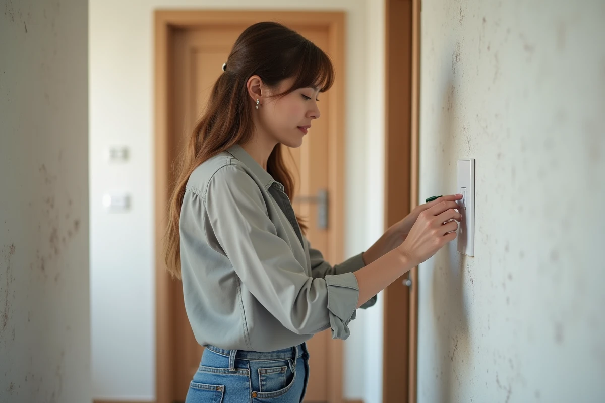 Femme installant un interrupteur sans fil dans un couloir lumineux
