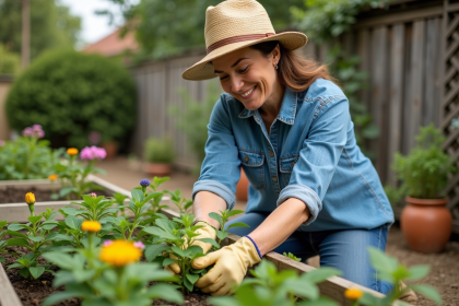 Femme plantant des arbustes dans un jardin coloré