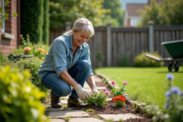 Femme d'âge moyen en tenue de jardinage arrangeant des plantes dans un jardin