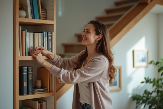 Femme souriante arrangeant des livres sur une bibliothèque moderne