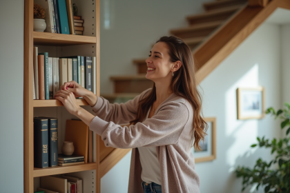 Femme souriante arrangeant des livres sur une bibliothèque moderne
