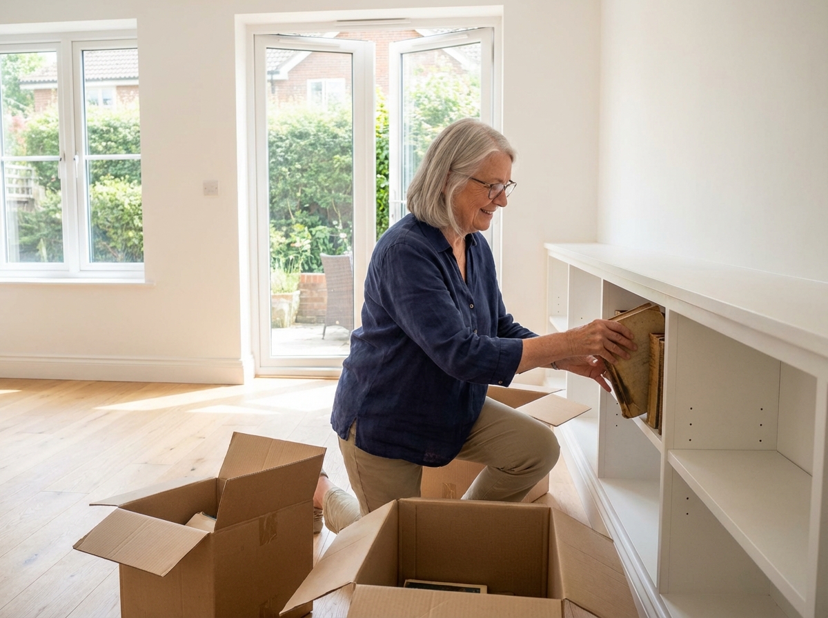 Femme &acirc;g&eacute;e arrangeant des livres dans un appartement &agrave; Rez&eacute;