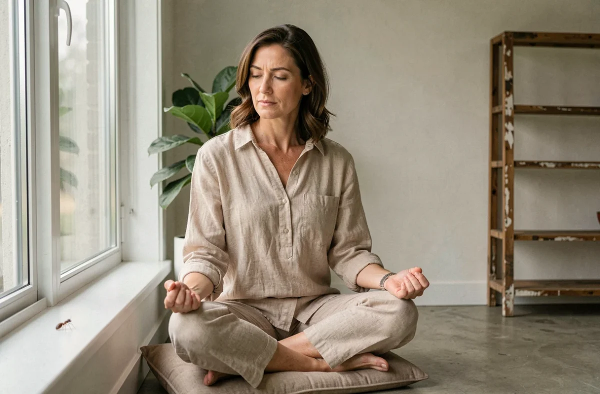 Femme en méditation observant une fourmi sur le rebord de fenêtre, lecture spirituelle et symbolique de la présence des fourmis à la maison