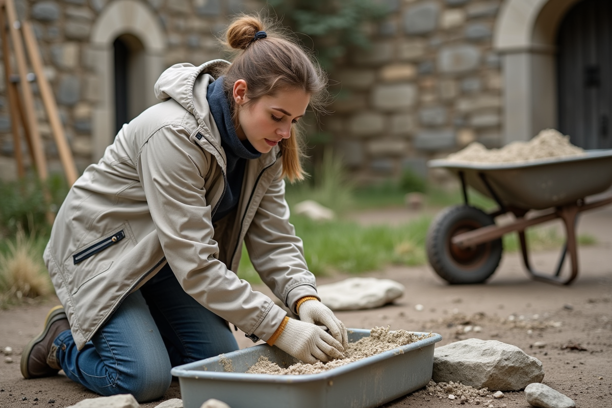 Jeune femme mélangeant du mortier dans un cour extérieur
