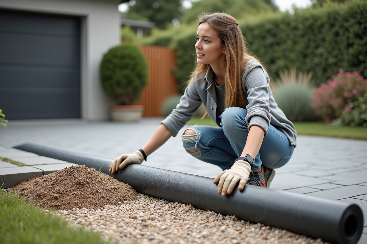 Jeune femme pose une membrane de drainage dans le jardin