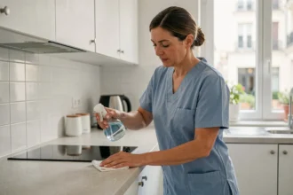 Femme de ménage professionnelle nettoyant un plan de travail dans une cuisine moderne d'appartement