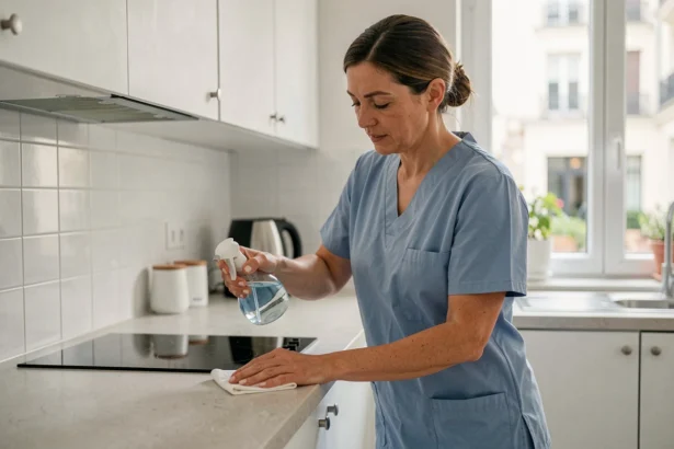 Femme de ménage professionnelle nettoyant un plan de travail dans une cuisine moderne d'appartement