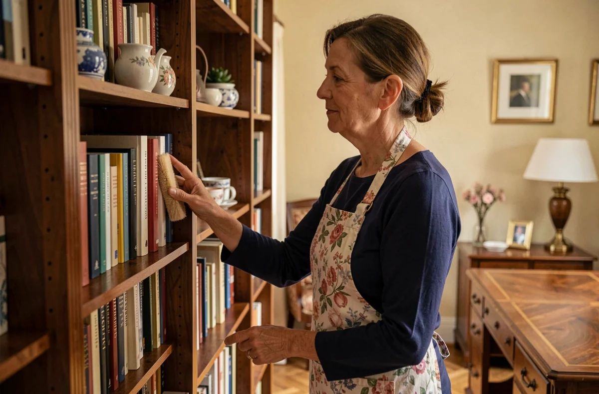 Femme de ménage à domicile époussetant une bibliothèque dans un bureau cosy d'appartement français