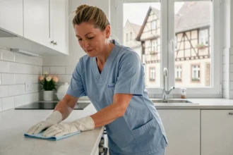 Femme de ménage professionnelle nettoyant un plan de travail dans un appartement moderne à Mulhouse