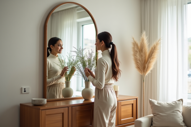 Femme arrangeant un vase de verdure dans un salon lumineux