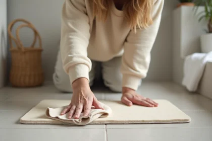Femme essuie un tapis de bain en diatomite dans une salle de bain moderne