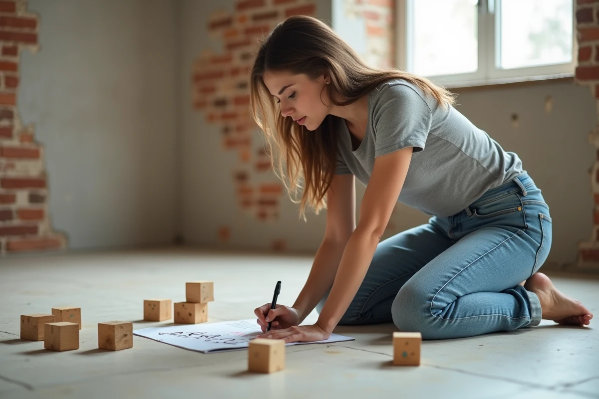 Jeune femme notant des chiffres sur un carnet dans un intérieur