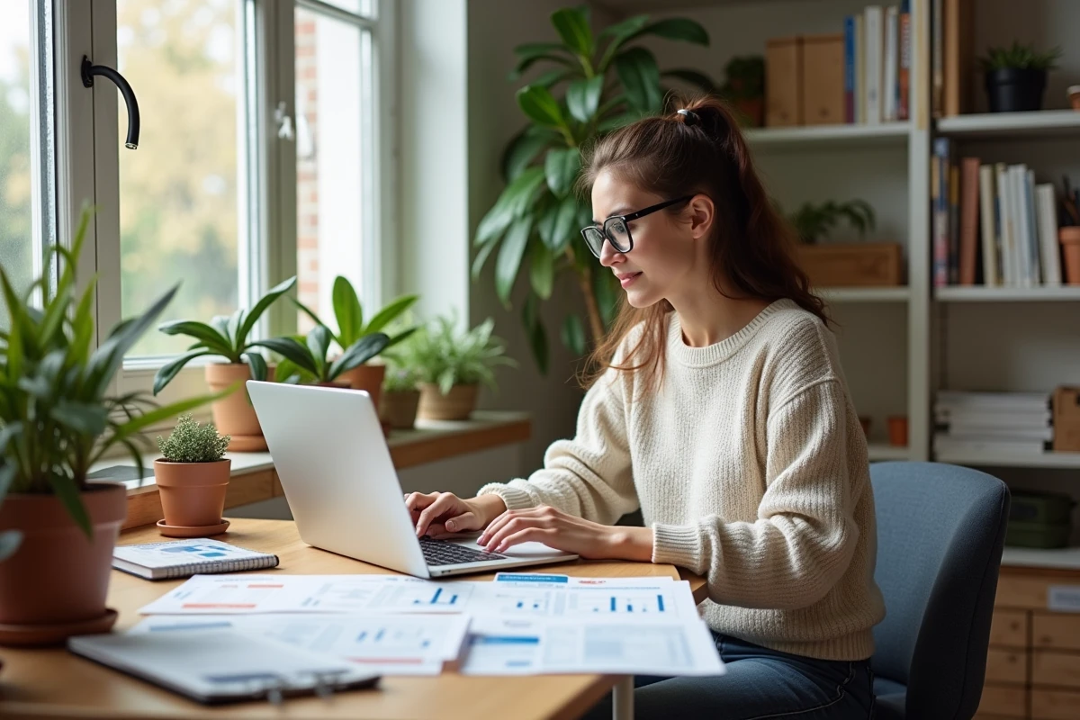 Femme de 30 ans utilisant un ordinateur pour travaux