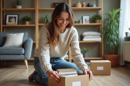 Femme organisée triant des livres dans un salon moderne
