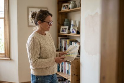 Femme r&eacute;fl&eacute;chissant avec &eacute;chantillons de peinture dans son salon