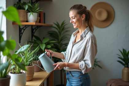 Femme d'&acirc;ge moyen arrosant des plantes d'int&eacute;rieur dans un salon moderne