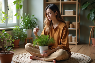 Femme en intérieur s'occupant de plantes vertes dans un salon chaleureux
