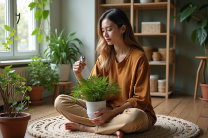 Femme en intérieur s'occupant de plantes vertes dans un salon chaleureux