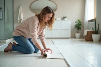 Femme posant sur un sol PVC dans une salle de bain moderne