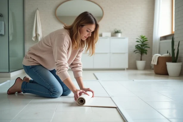 Femme posant sur un sol PVC dans une salle de bain moderne