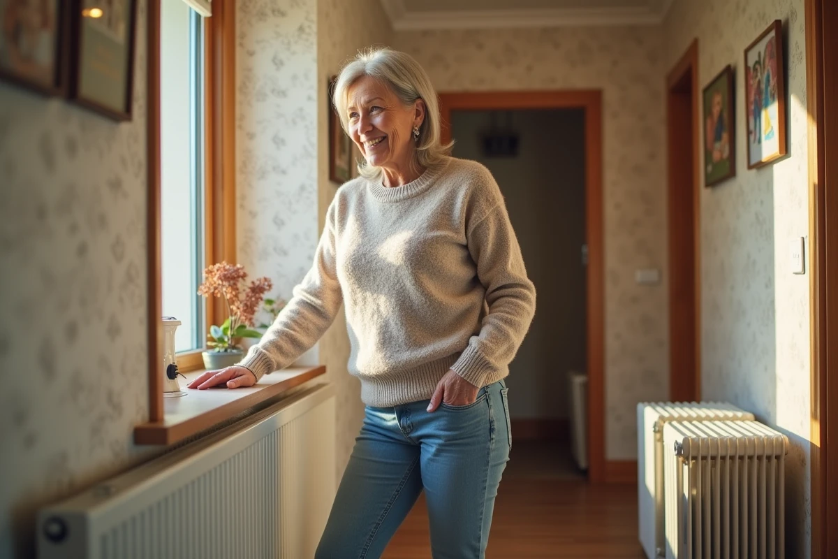 Femme &acirc;g&eacute;e touche un radiateur &eacute;lectrique dans un couloir lumineux