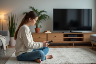 Jeune femme compare deux téléviseurs dans un salon scandinave
