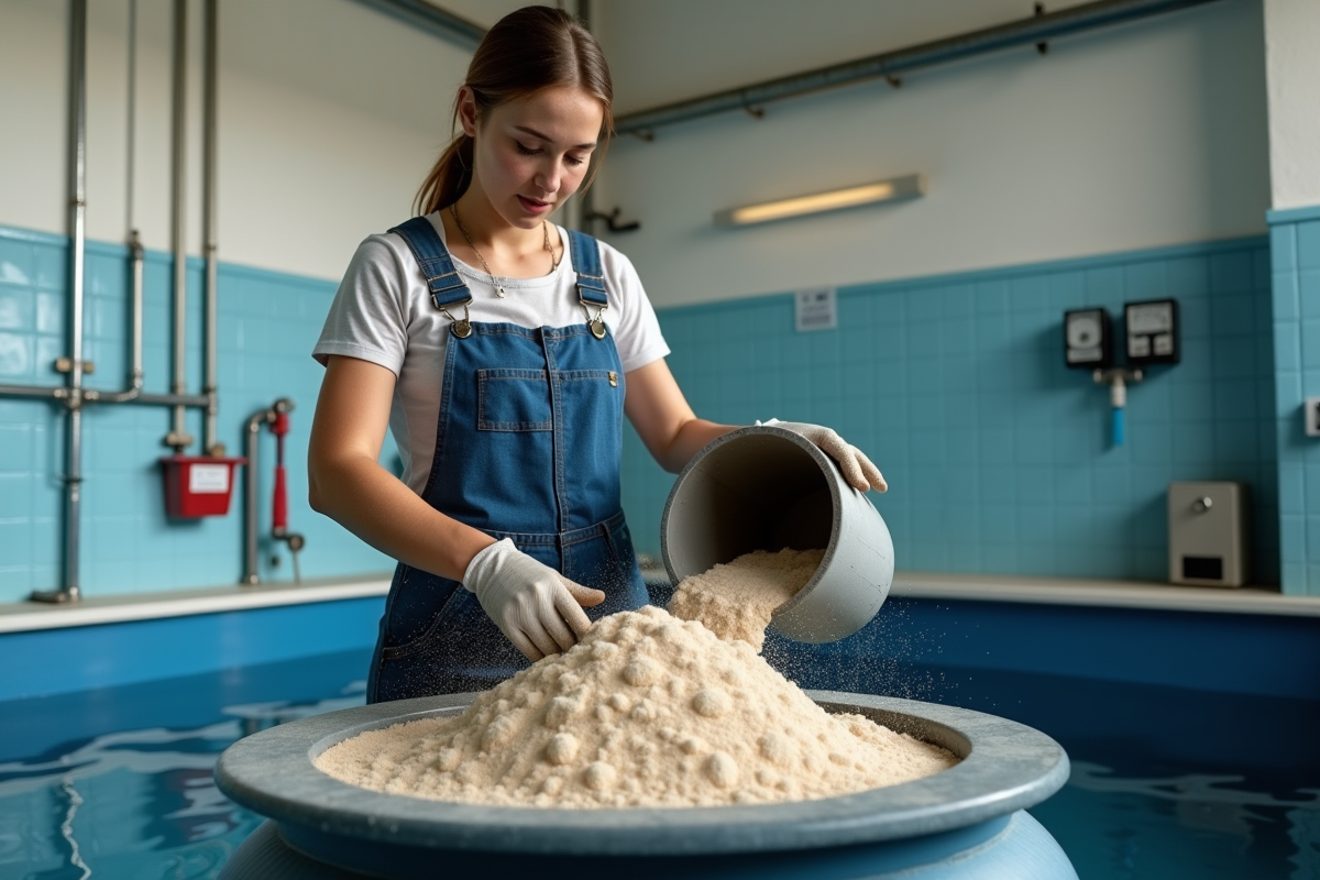 Femme en tenue de travail ajoutant du sable dans un filtre piscine