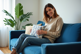 Femme souriante dans un salon moderne et cosy
