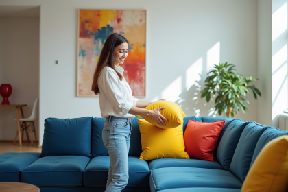 Jeune femme souriante arrange un coussin jaune sur un canap&eacute; bleu